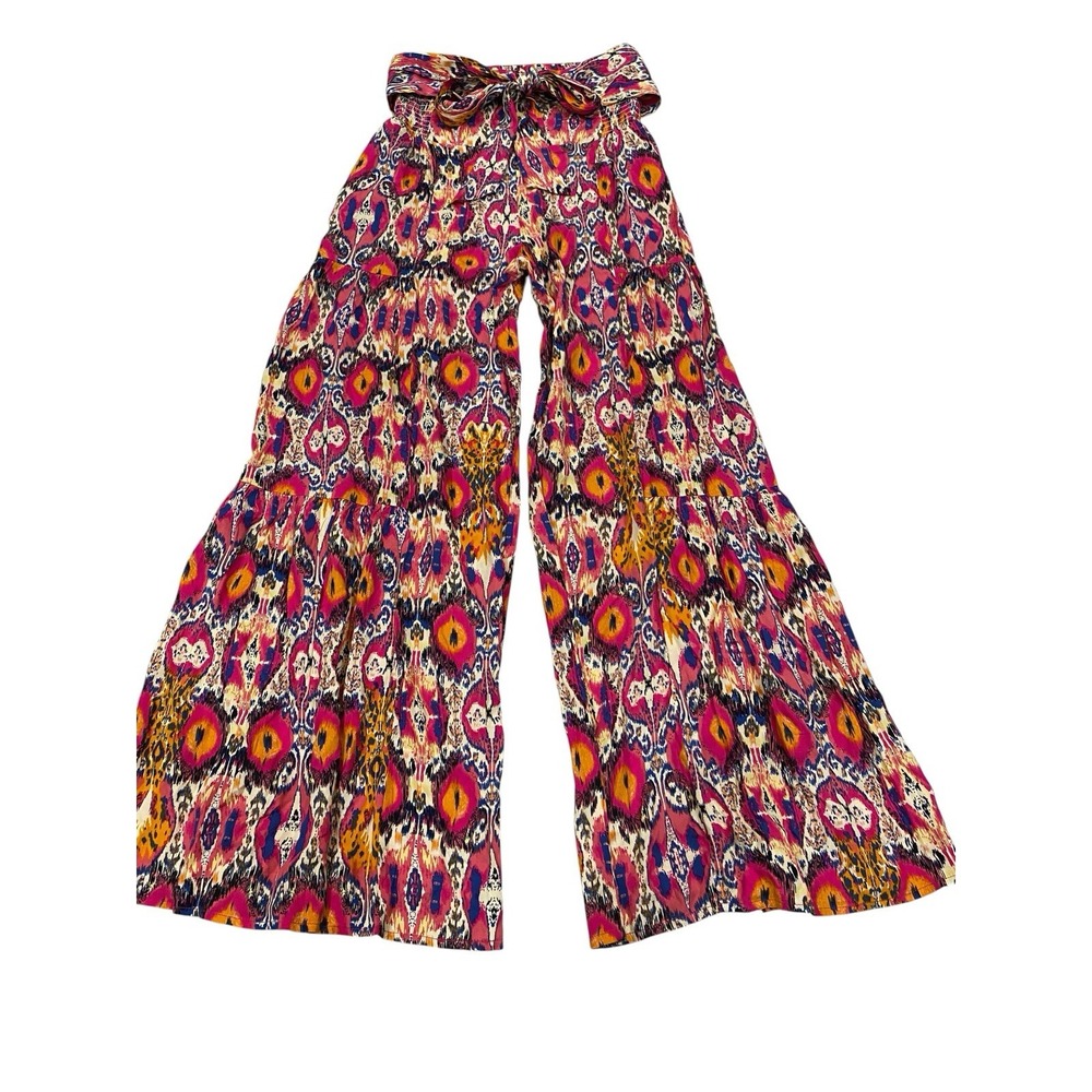 Three Bird Nest Wide Leg Pants Small Pink Ikat Floral Boho Festival Smocked Tie